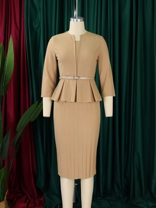 Detail of khaki slim fit V-neck dress with ruffle waist peplum and pencil skirt