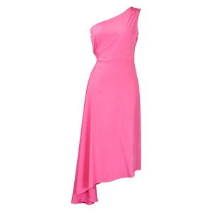 Detailed view of the one-shoulder design and ruching on this bright pink asymmetric dress