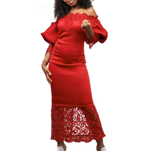 Detailed view of red off-shoulder lace splicing dress with elegant puff lantern sleeves