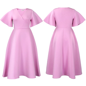 Detailed front and back view of mauve V-neck flare sleeve A-line formal dress