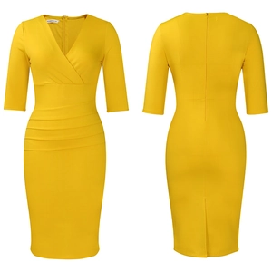 Detailed front and back view of elegant yellow V-neck sheath dress with waist pleats