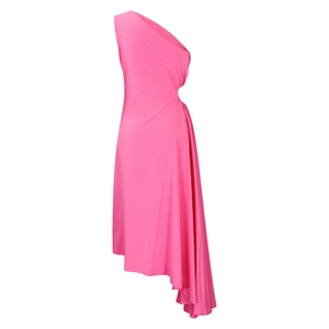 Detail view of hot pink one shoulder dress with side cutout and asymmetric hem
