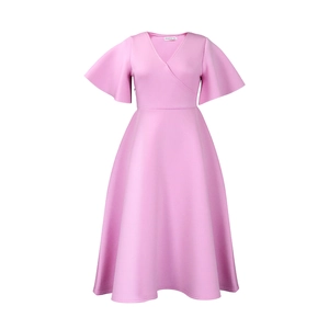 Detail view of the V-neck wrap design and ruffled short sleeves on pink midi dress