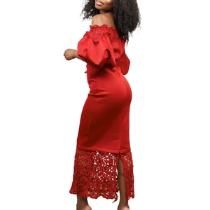 Detail of red off-shoulder lace evening dress with elegant lantern sleeves and slim fit cut