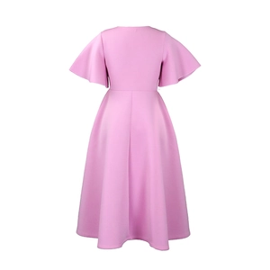 Back view of pink V-neck dress featuring elegant flared sleeves and wide A-line hem