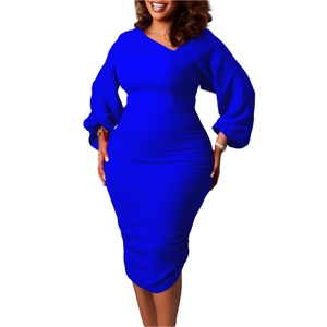 Detail of royal blue bodycon midi dress with elegant long lantern sleeves and V-neckline
