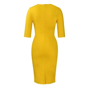 Rear view of yellow slim-fit midi dress with hidden back zipper and a center back slit