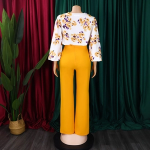 Vue arrière du haut à manches lanternes fleuri et du pantalon large jaune sur un mannequin