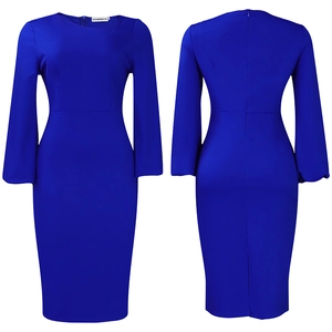 Detail view showing back zipper and split hem of royal blue long sleeve midi dress