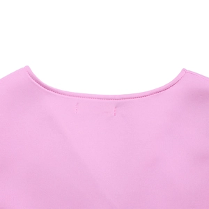 Detail shot of a pink V-neck dress neckline featuring premium double-stitch sewing craft