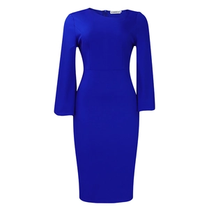 Detail of royal blue sheath dress collar showing METAMORPHOSIS GIRL brand label and size S