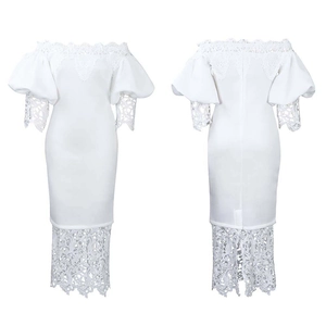 Detailed front and back views of elegant white off-shoulder lace evening dress with lantern sleeves