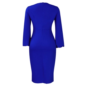 Detailed back view of royal blue slim fit dress with invisible zipper and hem slit