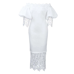 Detailed view of the off-shoulder neckline with intricate white floral lace trim