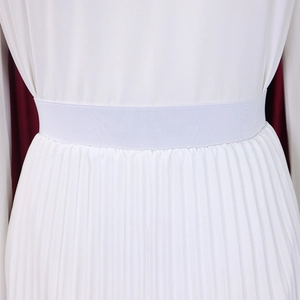 Detail view of white chiffon dress featuring wide elastic waist and pleated fabric texture