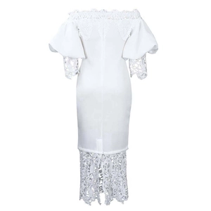 Detail of elegant off-the-shoulder neckline with intricate white lace and puff sleeves
