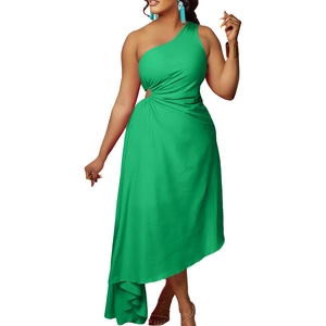 Detail of green one-shoulder asymmetric dress with waist cut-out and draped fabric