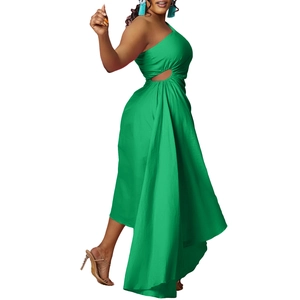 Detail view of emerald green one-shoulder dress with side cutout and asymmetrical hem