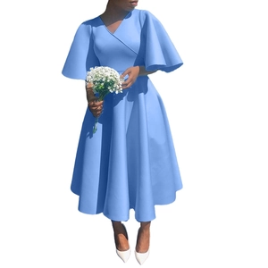 Light blue V-neck midi dress with large flare sleeves and an A-line skirt silhouette