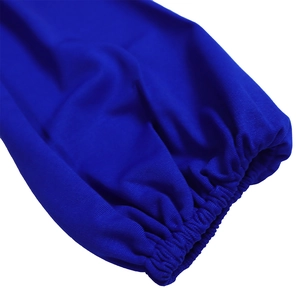 Detailed macro view showing royal blue elastic ruffled cuffs and knitted fabric texture