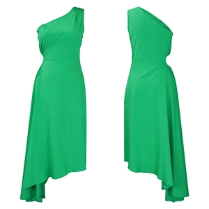 Front and back view of green one-shoulder dress with side cutout and asymmetric hem