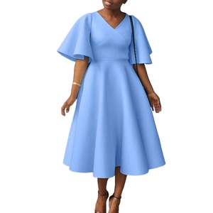 Detailed view of the sky blue V-neck dress with elegant bell sleeves and flared hemline
