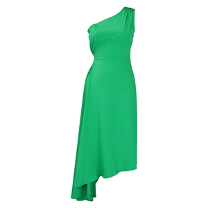 Detail of a bright green one-shoulder dress with side ruching and asymmetric hem