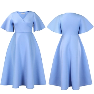Front and back view of light blue V-neck dress with flare sleeves and A-line skirt
