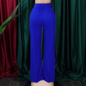 Rear view of high waisted wide leg trousers in royal blue with invisible back zipper