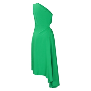 Detail of green one-shoulder dress with side cutout and asymmetrical hem design