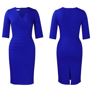 Detail view of royal blue V-neck dress featuring elegant waist ruching and back slit design