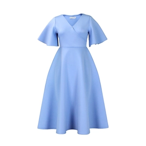 Close-up of V-neckline and ruffle sleeves on elegant light blue A-line midi dress