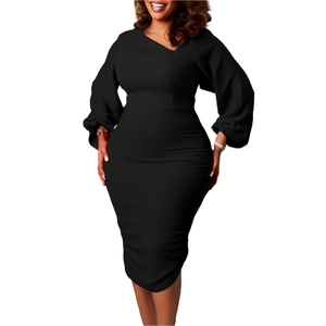 Detailed view of the asymmetric V-neckline and lantern sleeves on a black midi dress
