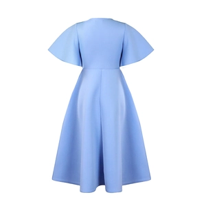 Detail view of the back of a light blue dress with elegant ruffle sleeves and high waist