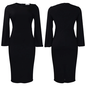 Macro view showing the back concealed zipper and hem slit of the black midi dress