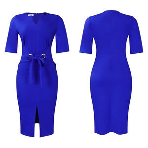 Front and back views of a royal blue V-neck midi pencil dress with bow and front slit