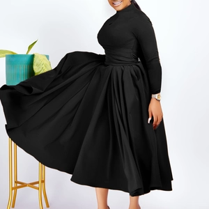 Detailed view of elegant black pleated maxi dress with high neck and cinched waist design