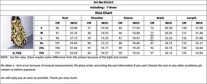 Detailed size chart for floral print dress showing measurements from S to 3XL in CM and IN
