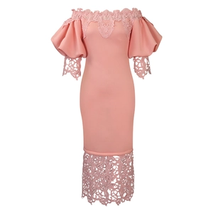 Elegant off-shoulder pink dress with refined lace embroidery and puffy lantern sleeves