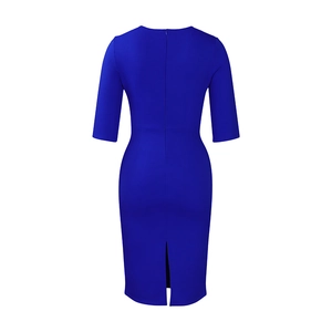 Detail of the bright blue midi dress featuring mid sleeves and a back split hemline