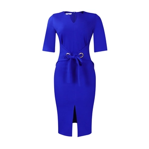 Close-up of cobalt blue dress with V-neck, waist tie details, and gold metal eyelets
