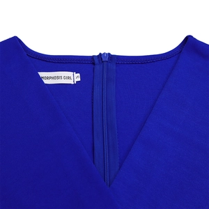 Macro view of the V-neckline and zipper detail on this royal blue fitted dress