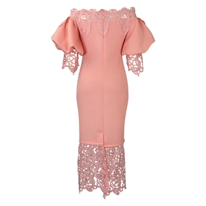 Detail of pink off-shoulder dress with lace trim and hidden back zipper
