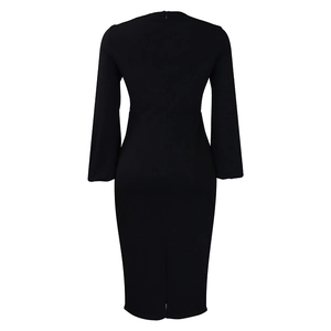Rear view of black midi dress showing invisible zipper and back slit for easy movement