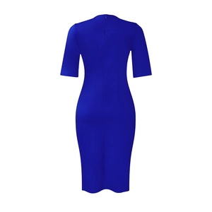 Detail view of the royal blue pencil dress back featuring an invisible zipper closure