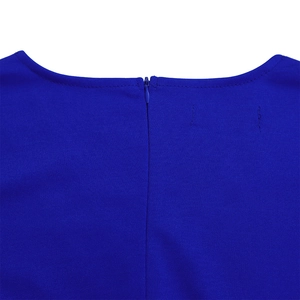 Detail view of the royal blue dress featuring a seamless invisible zipper on the back neckline