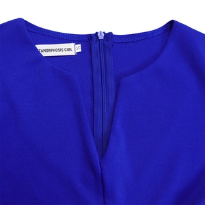 Detail of the V-neckline and zipper closure on an elegant royal blue pencil dress