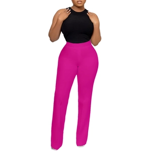 Detail view of high waist wide leg pants in hot pink with stretchy fabric