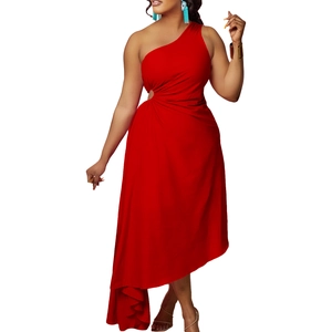 Detail of red one-shoulder dress featuring side waist cutout and asymmetric hem