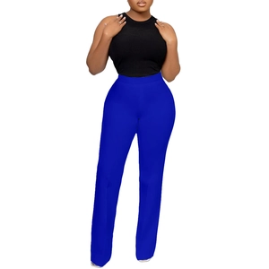 Detail view of high waisted royal blue wide leg trousers with stretchy straight fit fabric